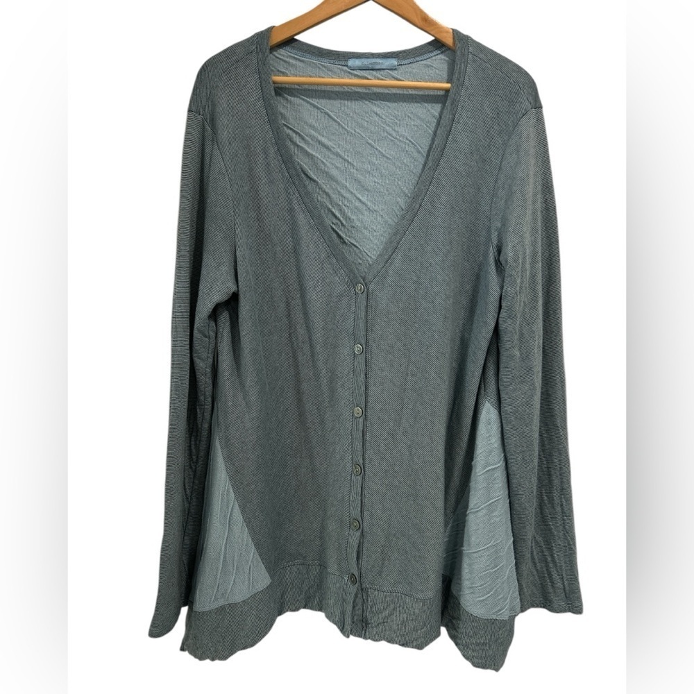 Cut Loose Lagenlook Cotton Blend Color Block Striped Button Up Cardigan Sweater